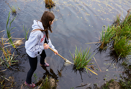 student dragging bottom of marsh