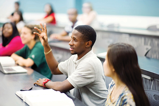 student raising hand in class