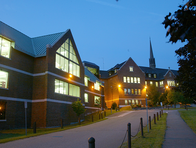 university buildings at night