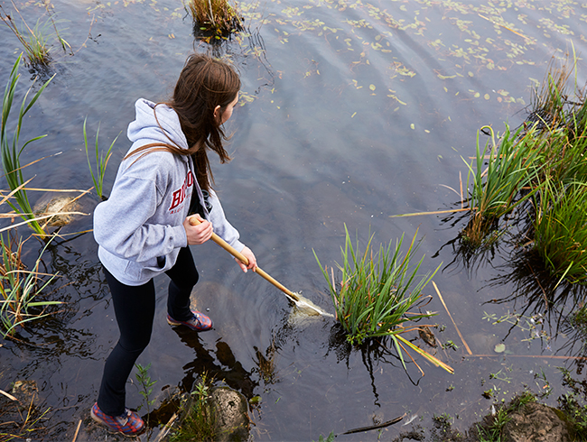 student dragging bottom of marsh