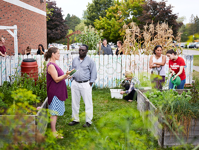 students working in community garden