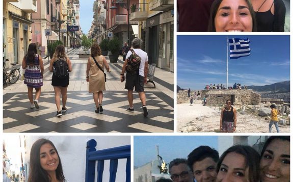 composite of student with friends travelling in europe