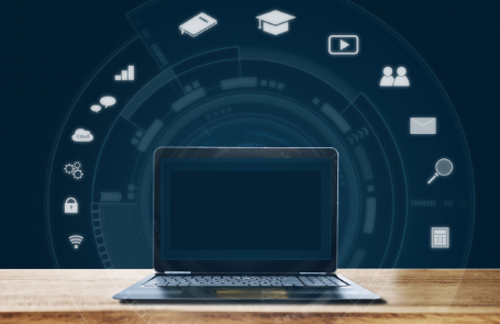 image of laptop surrounded by online learning tools icons