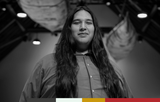 Black and white photo of student smiling