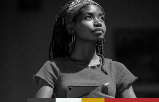 Black and white photo of student